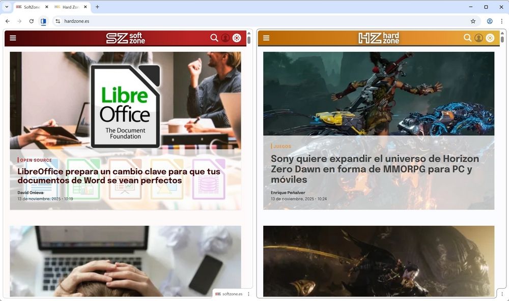 Ejemplo de cómo se ven dos webs, SoftZone y HardZone, abiertas a la vez en Google Chrome.