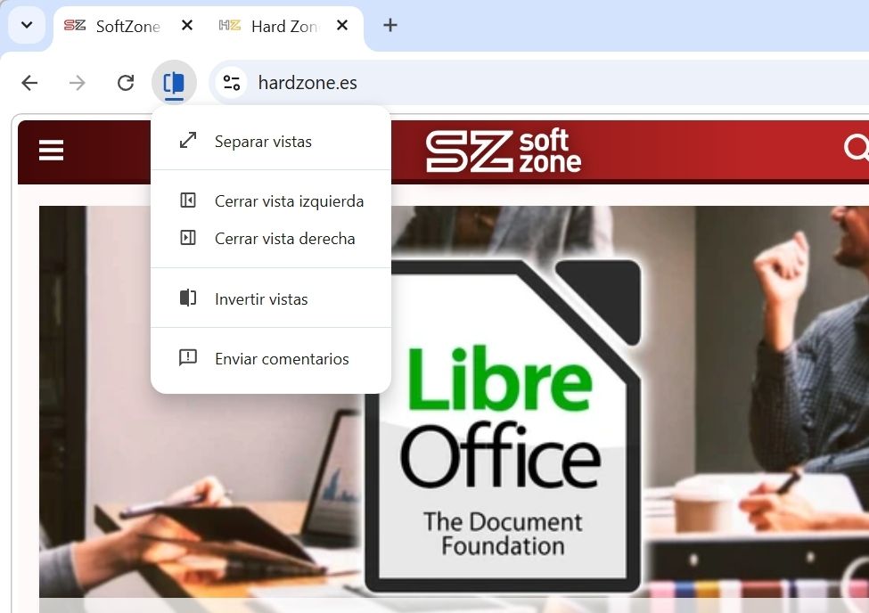 Opciones para personalizar la vista dividida de Google Chrome.