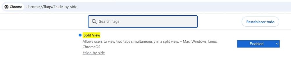 Interfaz de configuración de Chrome Flags con la opción experimental #side-by-side resaltada para su activación.