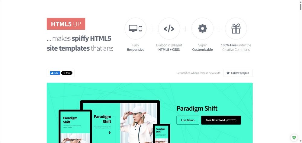 Captura de pantalla de la página principal del sitio web HTML5 UP, mostrando una galería con varias plantillas de diseño web responsivas.