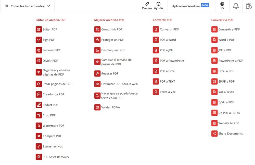 Listado de funciones de la web PDF2Go para modificar archivos PDF