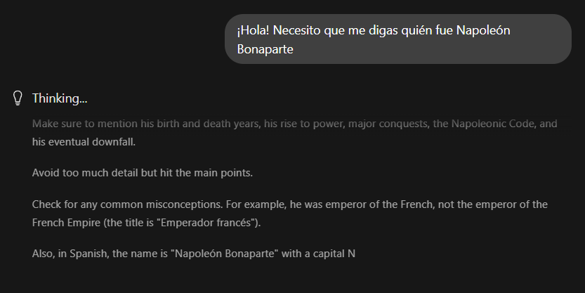 IA en Ollama pensando respuesta para pregunta de usuario