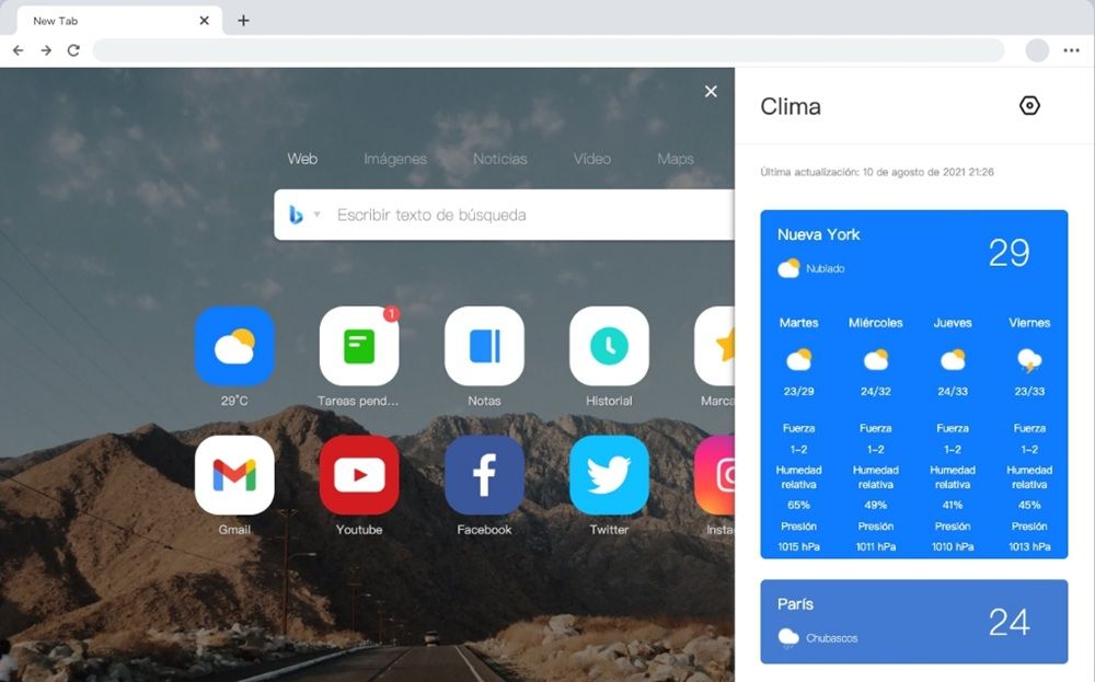 Demostración de la alta personalización de Infinity New Tab, donde podemos apreciar los accesos rápidos, widgets de tiempo y un fondo de pantalla personalizado.