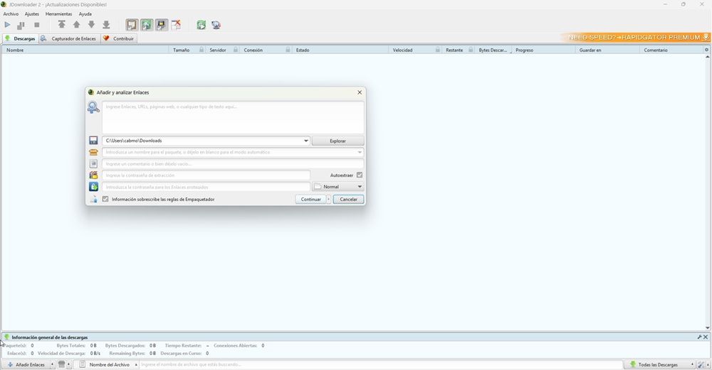 Interfaz de JDownloader 2 con insertador de enlaces.