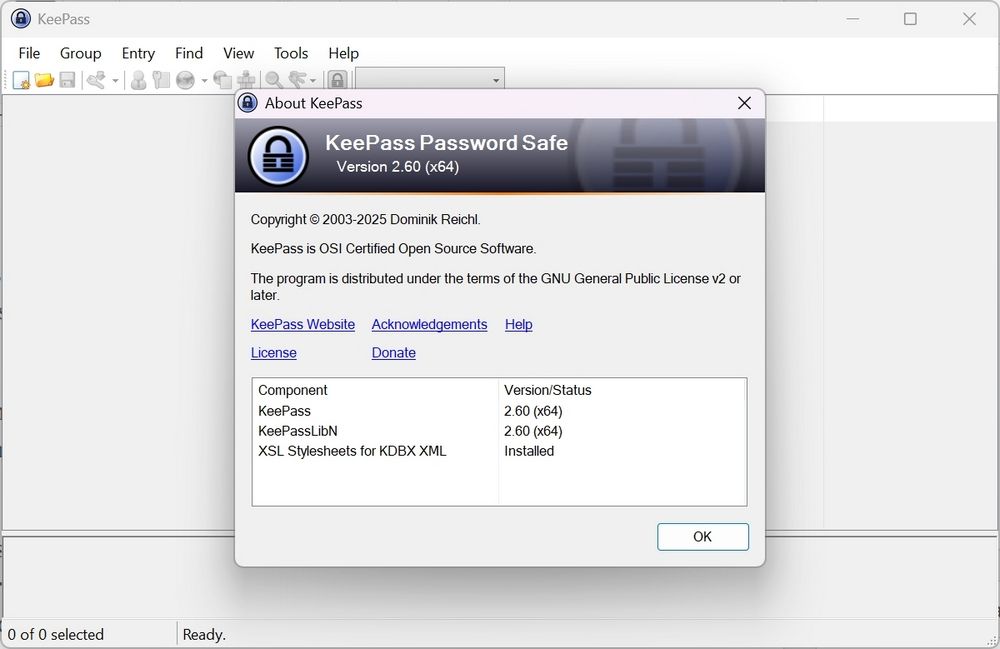 Interfaz principal del gestor de contraseñas KeePass 2.60 mostrando una lista de entradas de ejemplo y los iconos de funciones.