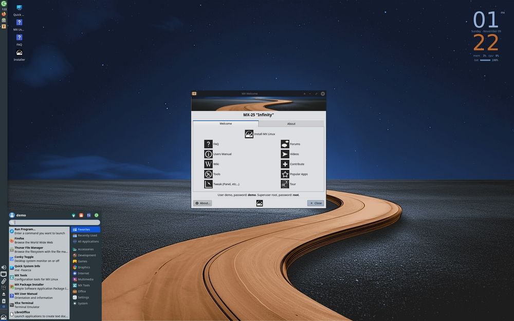 Escritorio del sistema operativo MX Linux 25 con entorno XFCE, mostrando el menú de inicio y la barra de tareas vertical.