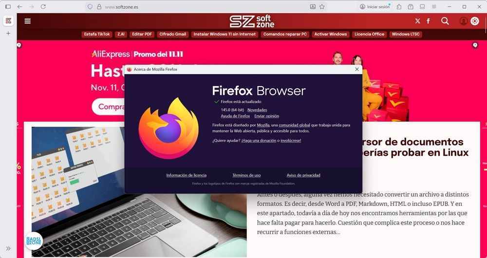 Interfaz de Firefox 145 mostrando el nuevo diseño de pestañas redondeadas y la función de vista previa de grupos de pestañas.