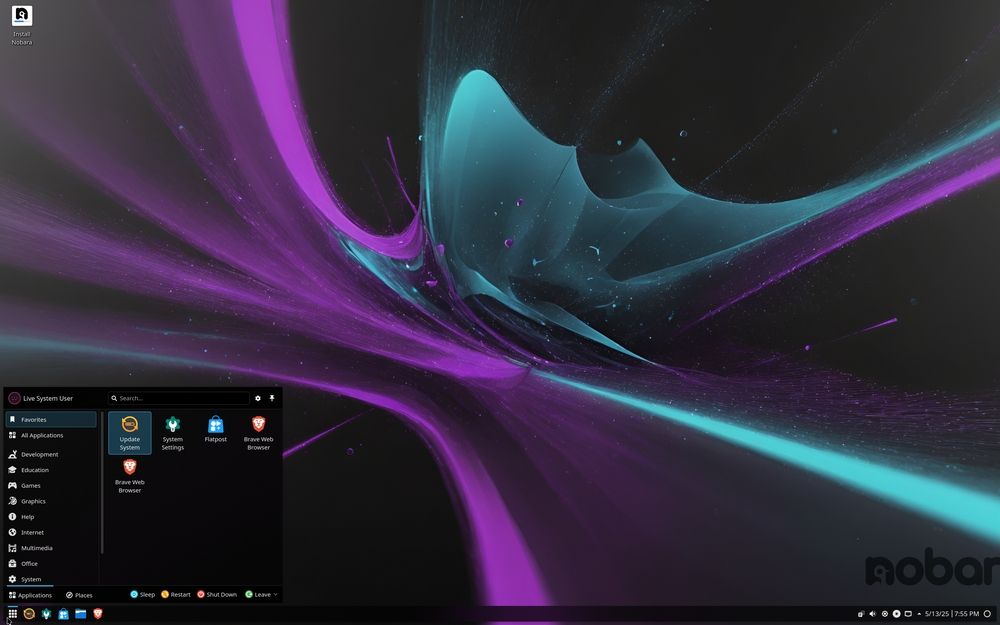 Escritorio de Nobara Linux con el entorno KDE Plasma, mostrando un menú de aplicaciones limpio y la herramienta de bienvenida del sistema.