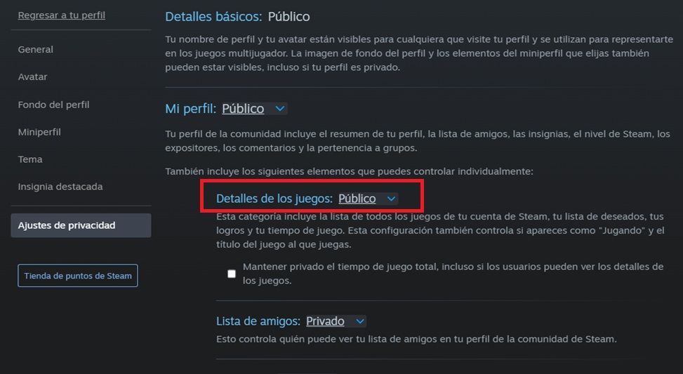 Ajustes de privacidad en Steam. Activar visionado público