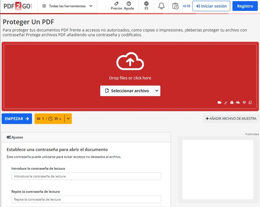 Sistema de protección de archivos PDF de la plataforma PDF2Go