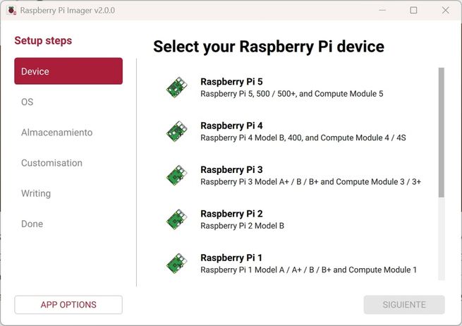 'Interfaz del nuevo asistente de Raspberry Pi Imager 2.0, mostrando el primer paso de selección de sistema operativo.