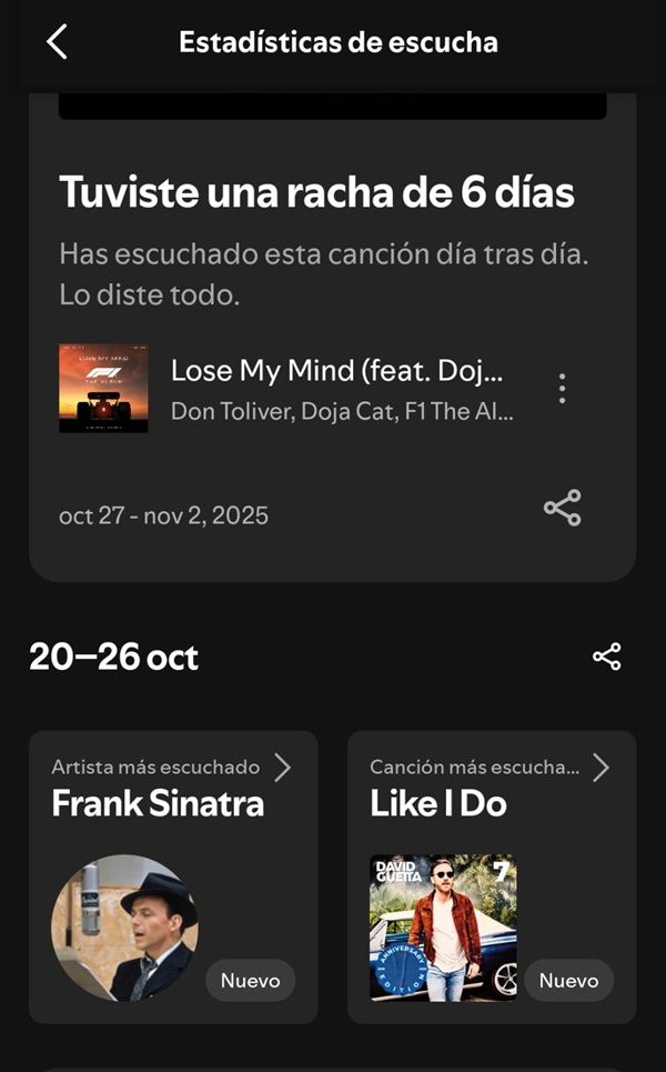 Ejemplo de la interfaz del resumen semanal de Spotify, en que se nos muestra autores y canciones escuchadas.