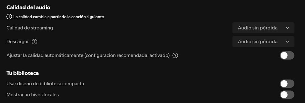 Captura de pantalla de la configuración de Calidad del audio en Spotify, mostrando las opciones para Wi-Fi, Datos móviles y Descarga ajustadas a calidad Sin pérdida.