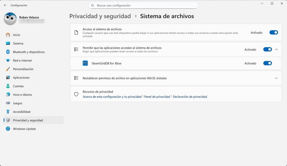 Panel de configuración de Privacidad y seguridad en Windows 11, mostrando cómo activar el permiso de acceso al sistema de archivos para la aplicación SteamGridDB for Xbox.