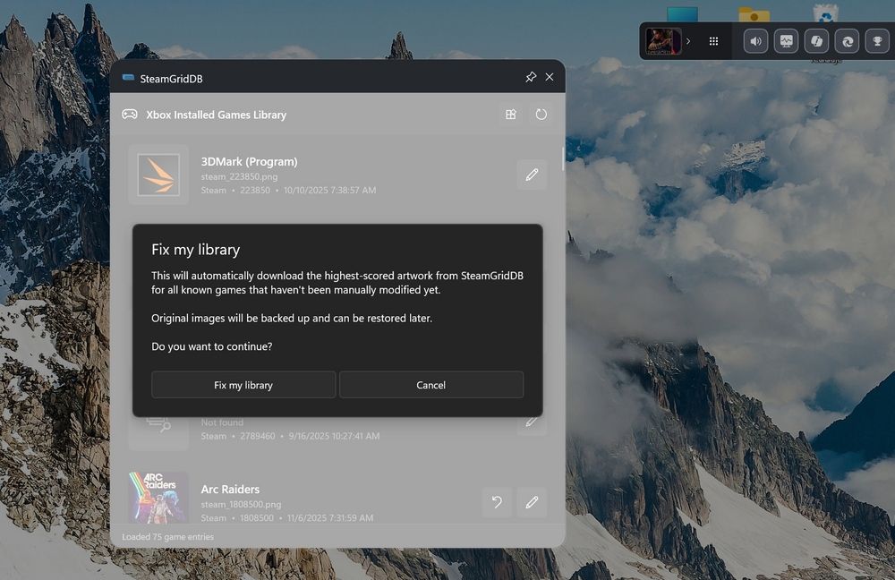 Widget de SteamGridDB abierto sobre la app de Xbox a través de la Game Bar de Windows. Se ve el botón principal Fix my library.