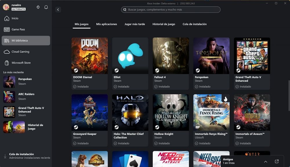 Resultado final en la app de Xbox después de usar SteamGridDB. Los juegos de Steam como Dave the Diver ahora muestran su carátula oficial a todo color.