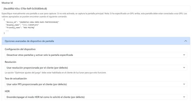 Panel de configuración de Audio/Vídeo en Sunshine mostrando las opciones avanzadas para seleccionar un dispositivo de pantalla específico por su ID.