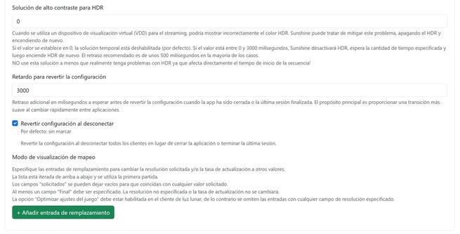 Panel de configuración de Audio/Vídeo en Sunshine mostrando las opciones avanzadas para seleccionar un dispositivo de pantalla específico por su ID.
