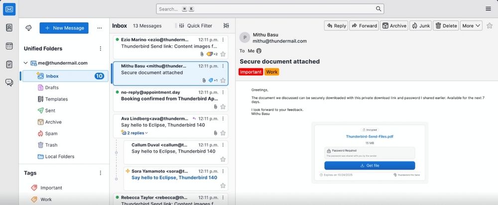 Captura de pantalla de la interfaz de Thunderbird Pro mostrando la bandeja de entrada, con un sello de verificación y la opción Send destacada.