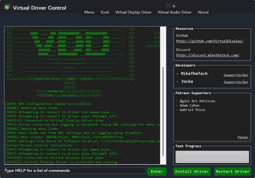 Interfaz principal del programa Virtual Display Driver en Windows, mostrando las opciones para instalar y reiniciar el controlador.