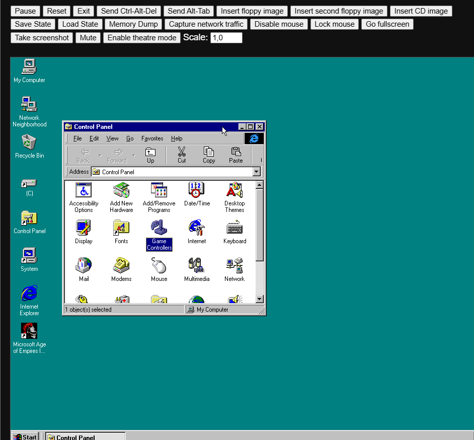Panel de control y escritorio de Windows 95 emulado