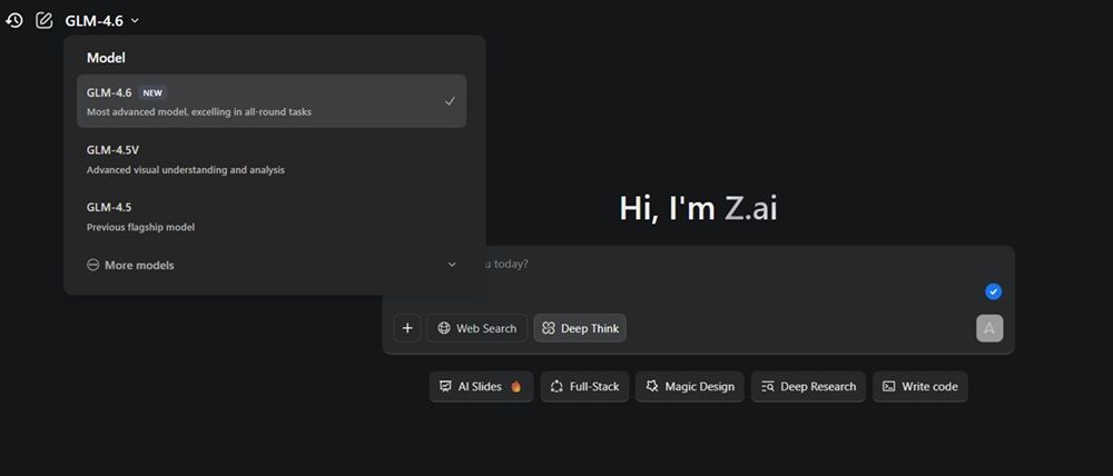 Interfaz original de Z.AI