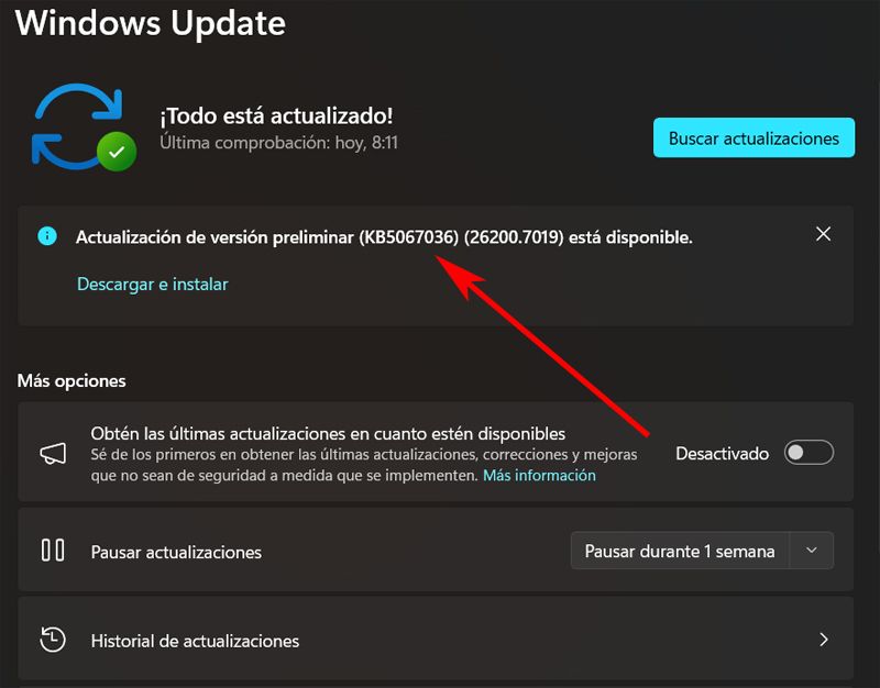 actualización KB5067036