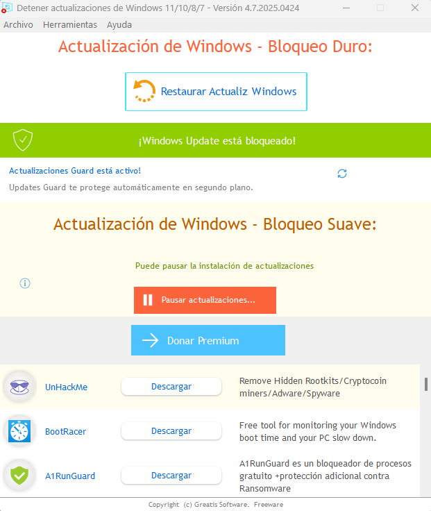 pantalla de actualizaciones desactivadas
