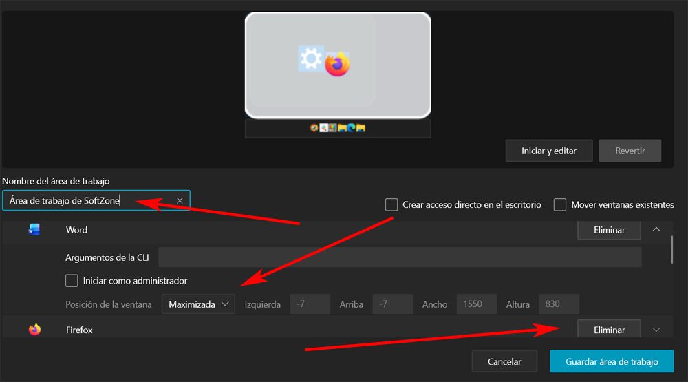 colocación ventana apps áreas