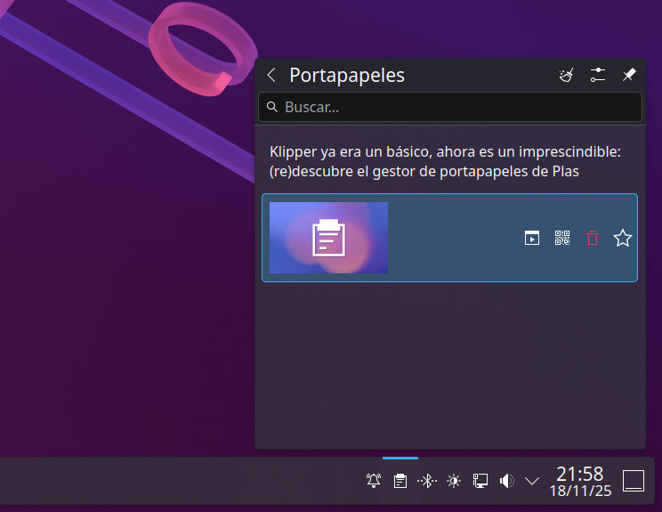 Klipper, el gestor de portapapeles de KDE