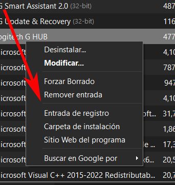 menú contextual quitar programas