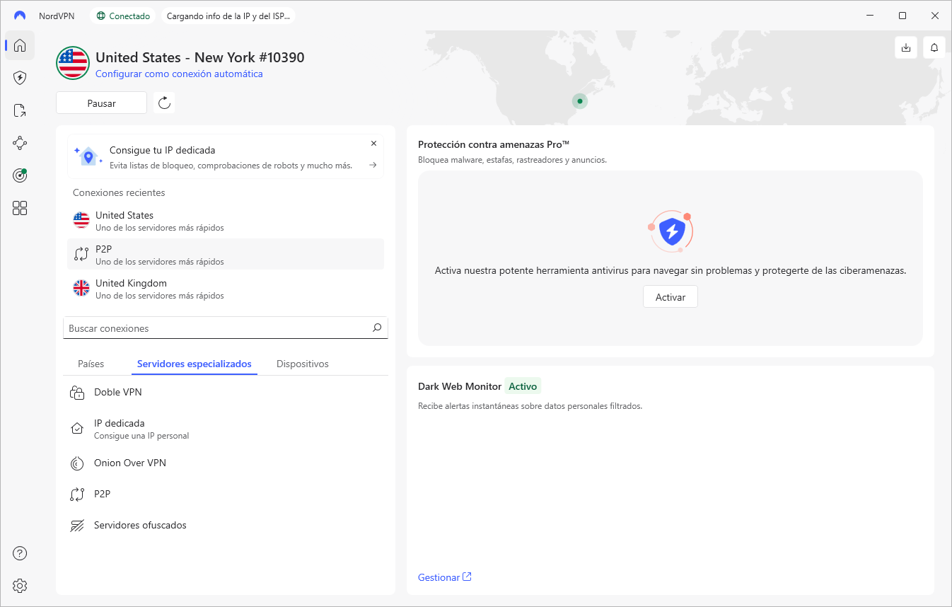 Interfaz de usuario de NordVPN