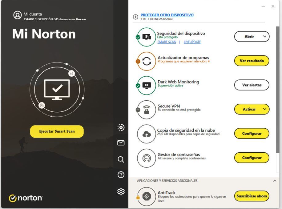 Interfaz de seguridad de Norton Antivirus