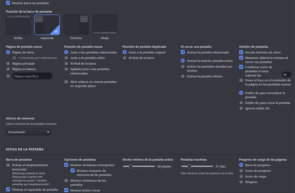 vivaldi pestañas configuración