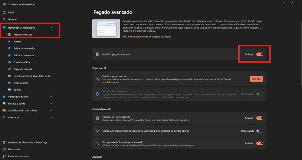 App de Microsoft PowerToys. Sección para activar la función Pegado Avanzado.