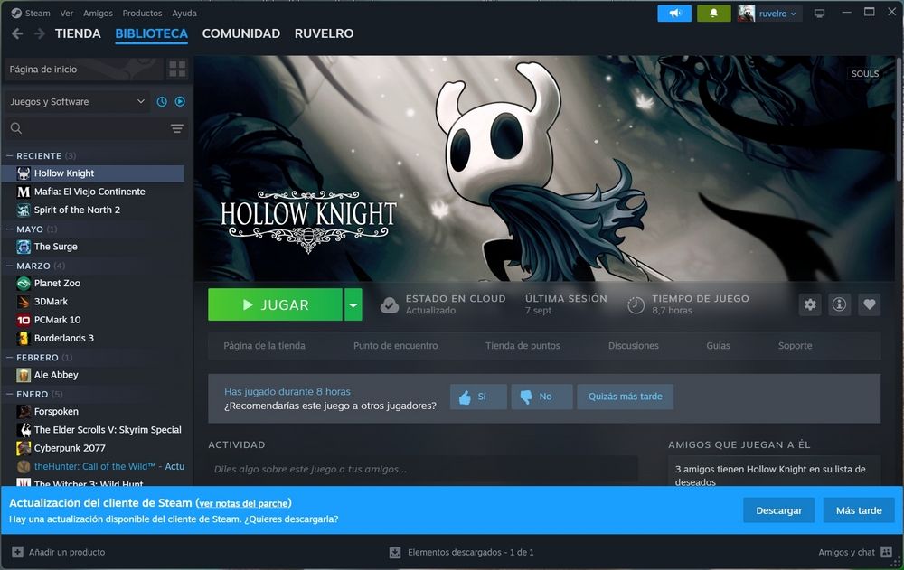 Ventana del cliente de Steam mostrando el progreso de la descarga y la instalación de la nueva actualización a la versión de 64 bits en un ordenador con Windows.