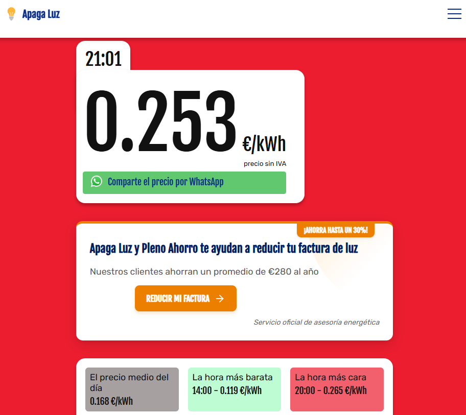 Interfaz principal de Apaga-Luz.com, donde se exponen datos como el precio de la luz.