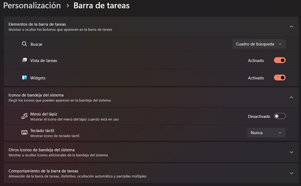 Configuración barra tareas