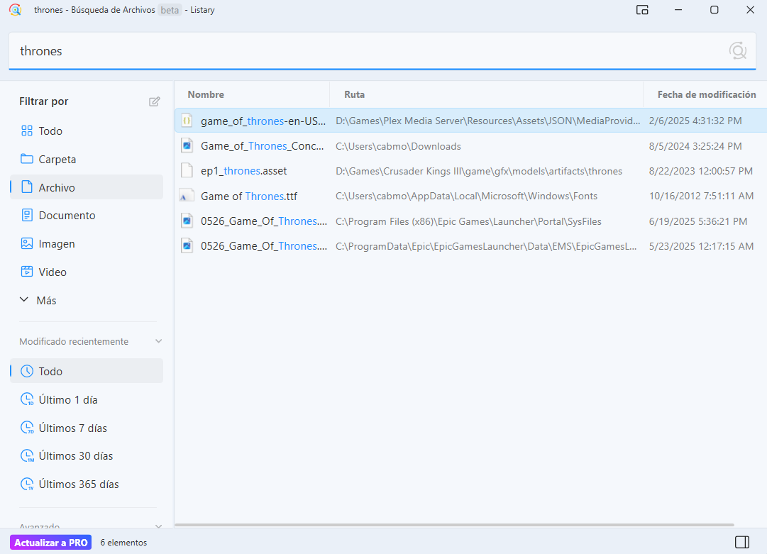 Menú principal de Listary