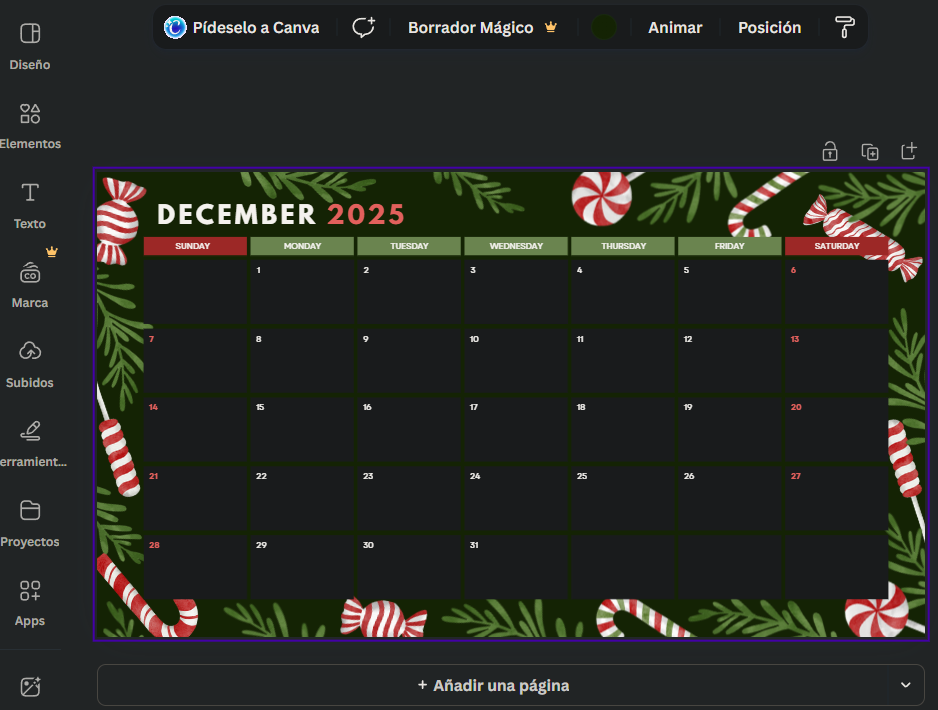 Ejemplo de plantilla de Calendario de diciembre de 2025 creado mediante Canva.