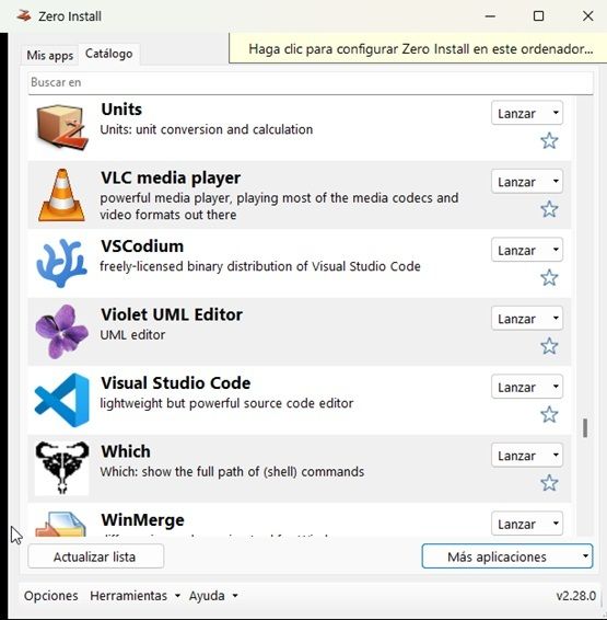 Fragmento del catálogo de aplicaciones a ejecutar desde Zero Install, donde podemos ver dos grandes conocidas como VLC Media Player o Visual Studio Code