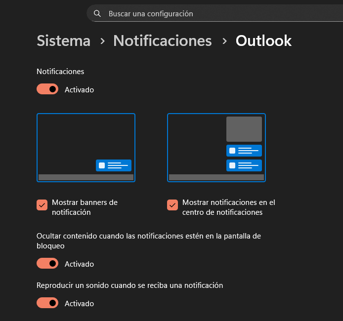 Configurar la Agenda dentro de las notificaciones relativas a los servicios de Outlook.