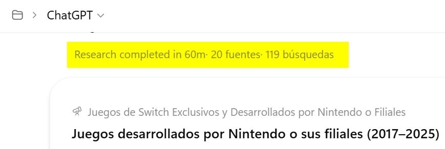 Captura de pantalla de la interfaz de ChatGPT mostrando un tiempo estimado de 60 minutos para completar una consulta de investigación profunda en la versión completa.