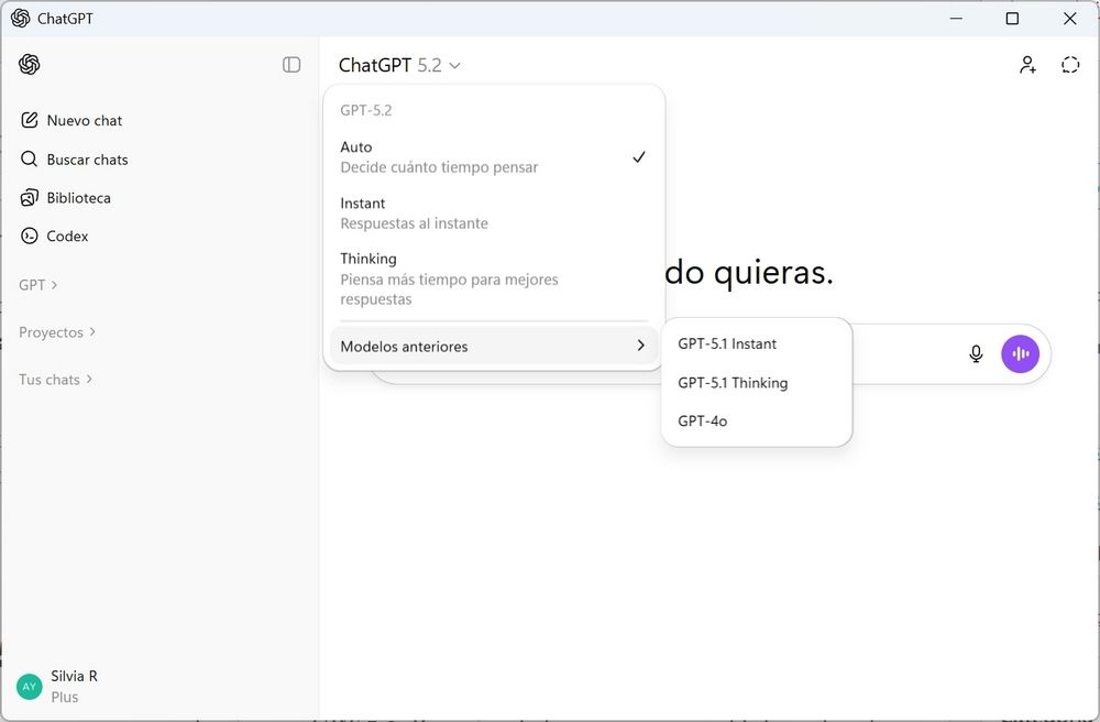 Ventana principal de ChatGPT usando el nuevo modelo GPT 5.2