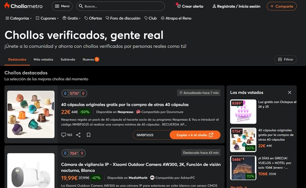 Interfaz web de Chollometro, donde vemos los productos mejor votados