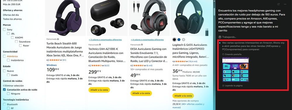 Interfaz de Comet, donde se redondea en rojo los pasos llevados a cabo para cumplir con nuestras órdenes