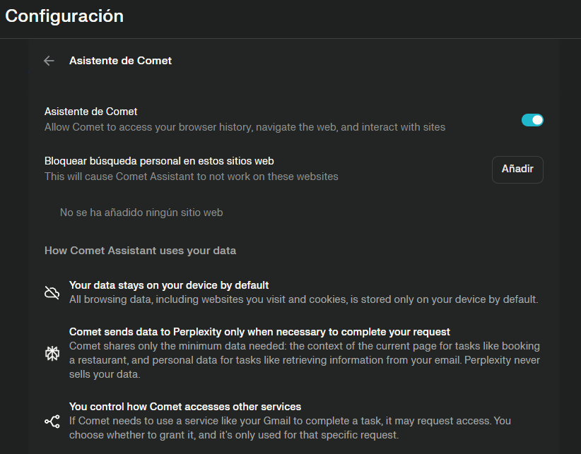 Panel de privacidad de Perplexity Comet