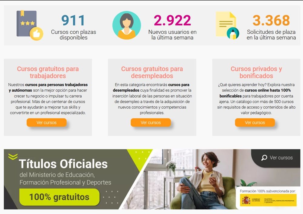 Interfaz principal de la web Cursos Femxa, donde podemos encontrar información como los usuarios que han realizado cursos la última semana, solicitudes de plaza o los distintos tipos de cursos