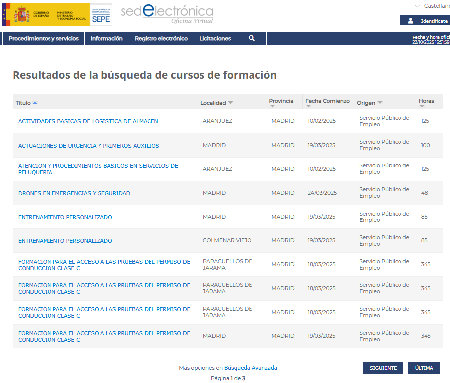 Listado de cursos disponibles en Madrid de mano del SEPE