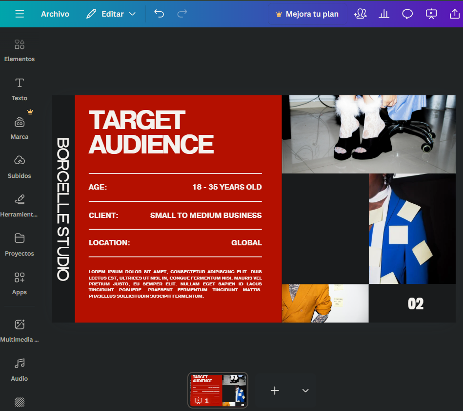 Ejemplo de plantilla de diapositiva generada por Canva.